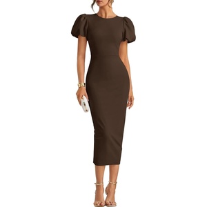 ZESICA Womens Summer Short Sleeve Bodycon Cocktail Formal Dress(Darkbrown)