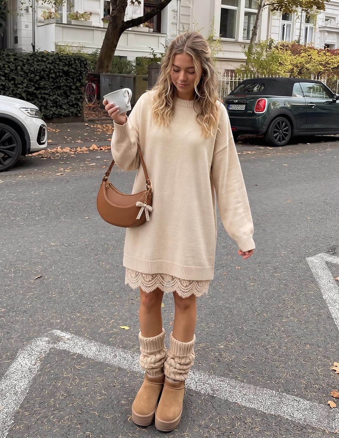 image:imageZESICA Womens Fall Striped Lace Trim Oversized Knit Sweater DressApricot