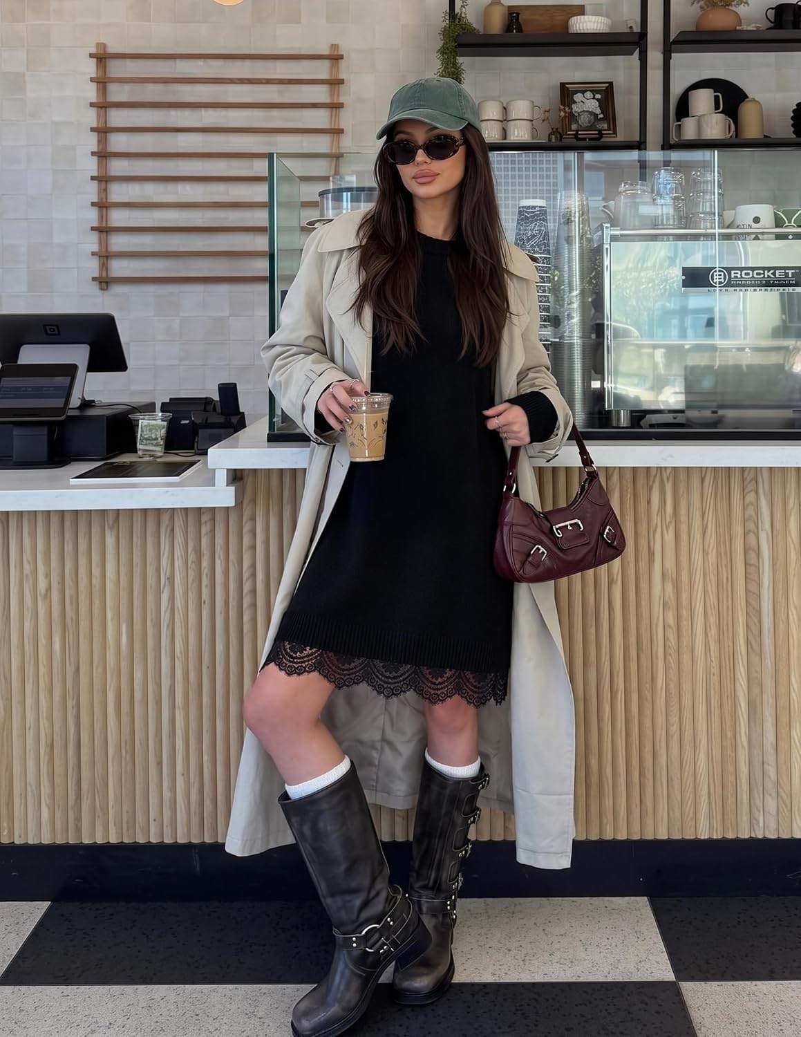 image:imageZESICA Womens Fall Striped Lace Trim Oversized Knit Sweater DressBlack