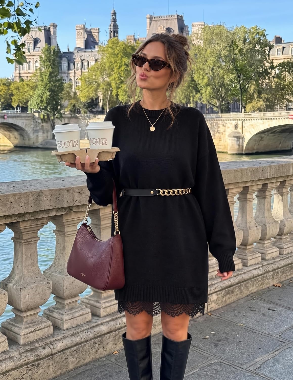 image:imageZESICA Womens Fall Striped Lace Trim Oversized Knit Sweater DressBlack