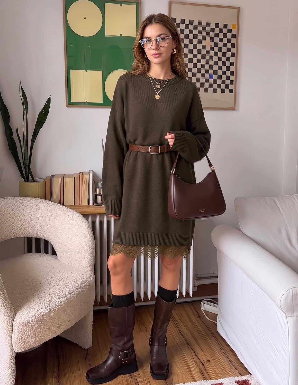 image:imageZESICA Womens Fall Striped Lace Trim Oversized Knit Sweater DressBrown