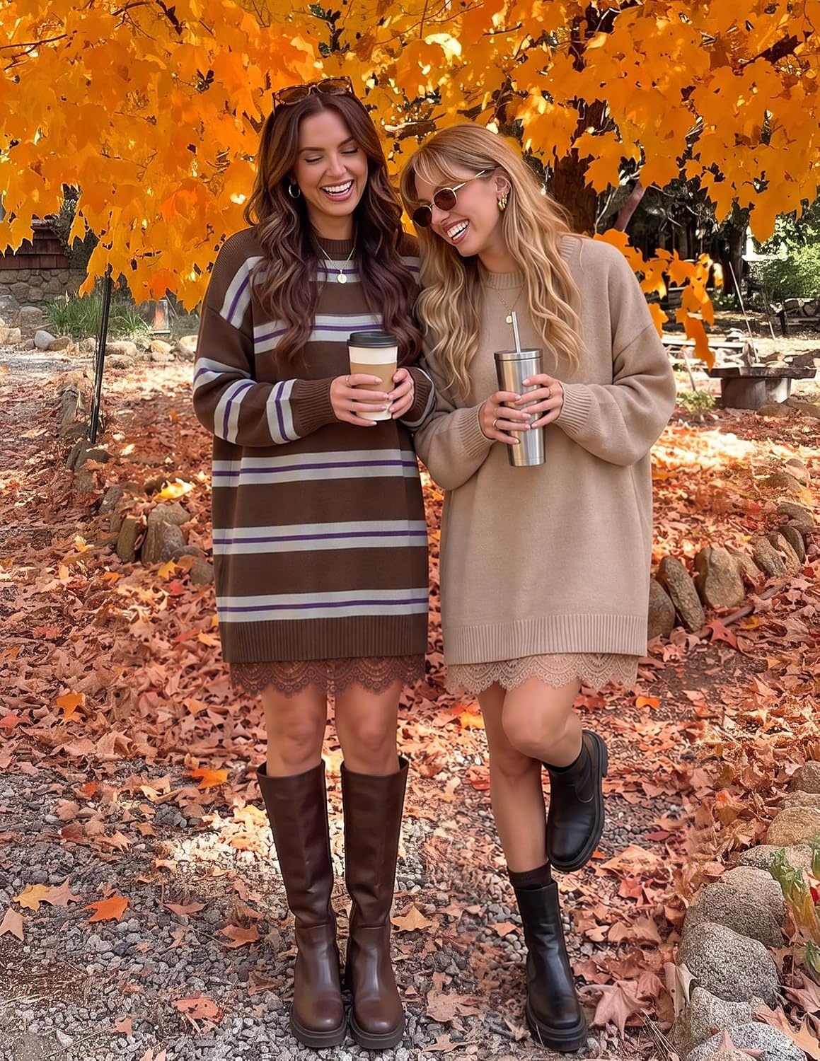 image:imageZESICA Womens Fall Striped Lace Trim Oversized Knit Sweater DressBrown Stripe