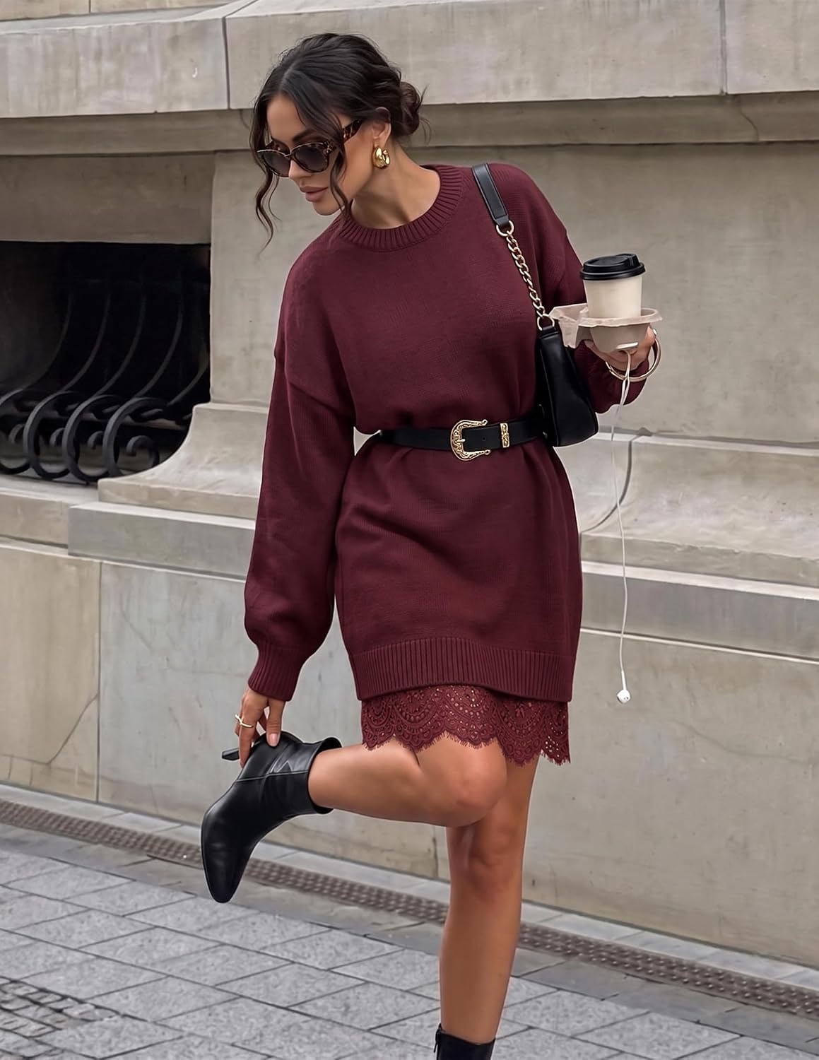 image:imageZESICA Womens Fall Striped Lace Trim Oversized Knit Sweater DressBurgundy