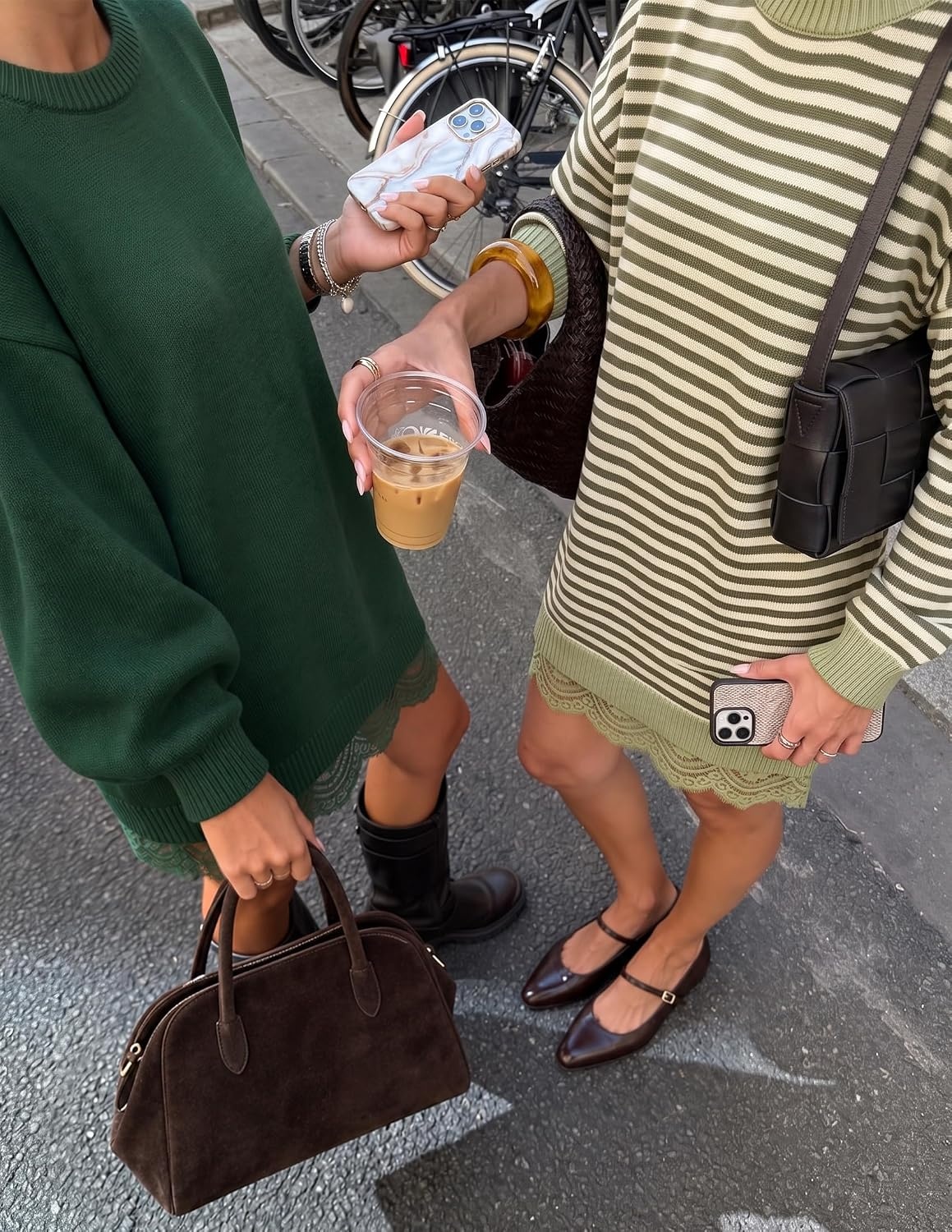image:imageZESICA Womens Fall Striped Lace Trim Oversized Knit Sweater DressDark Green