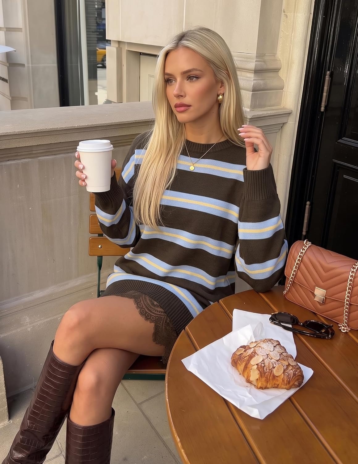 image:imageZESICA Womens Fall Striped Lace Trim Oversized Knit Sweater DressMocha