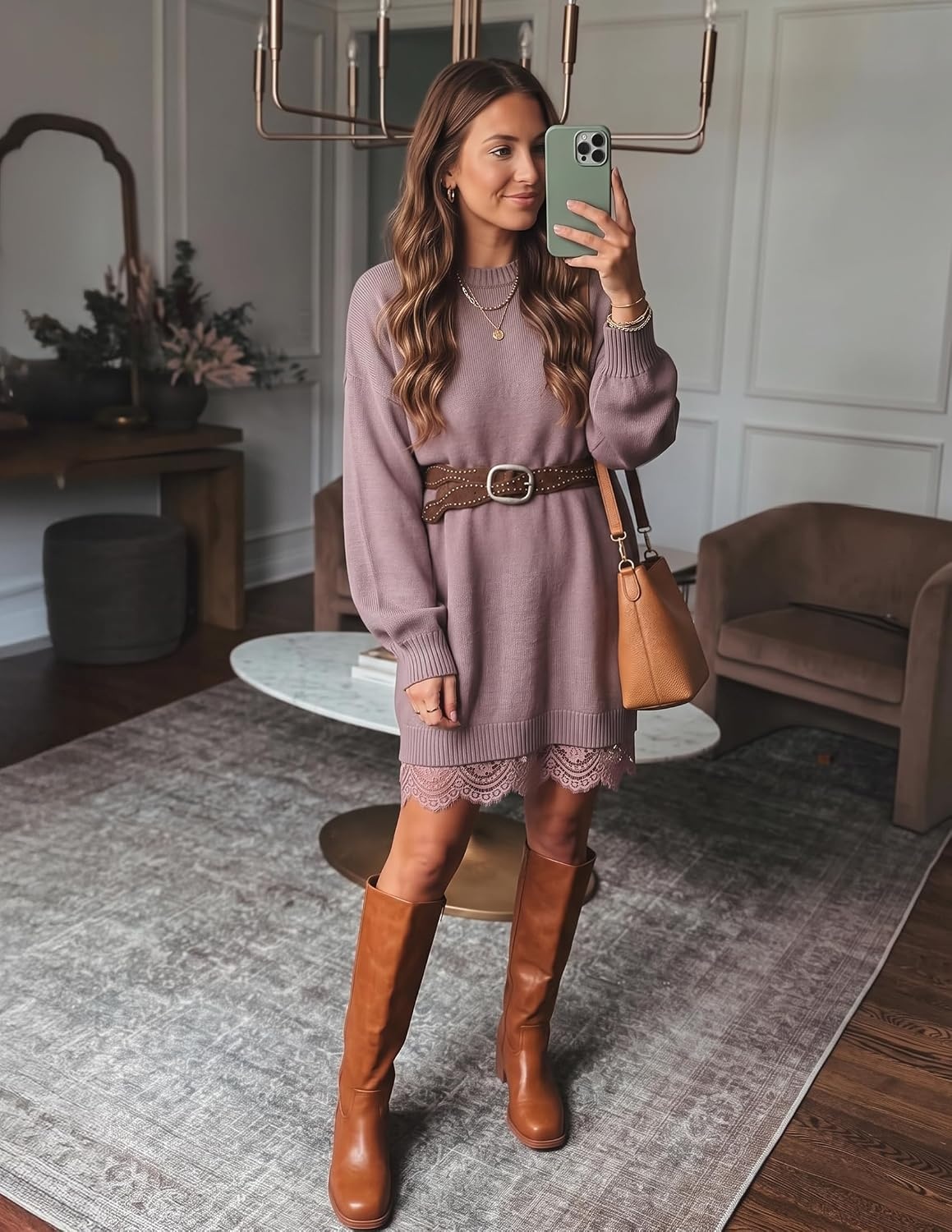 image:imageZESICA Womens Fall Striped Lace Trim Oversized Knit Sweater DressPurple