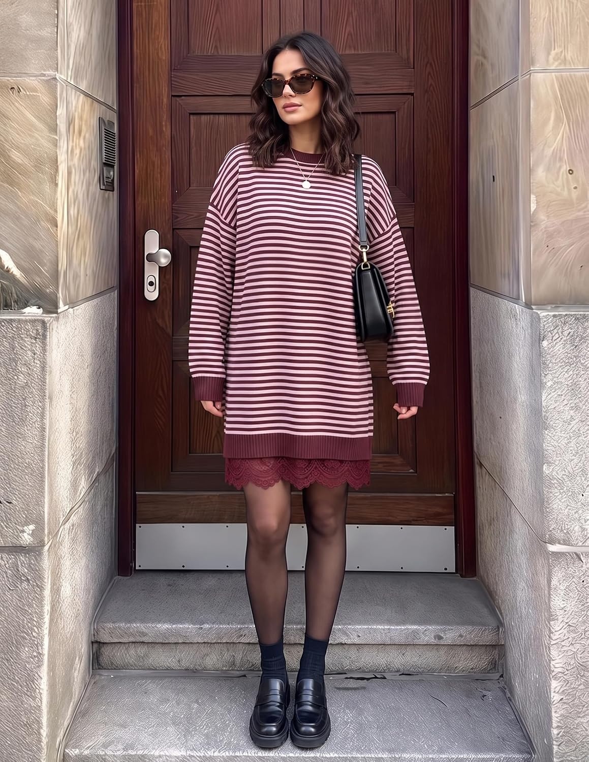 image:imageZESICA Womens Fall Striped Lace Trim Oversized Knit Sweater DressStripe Wine