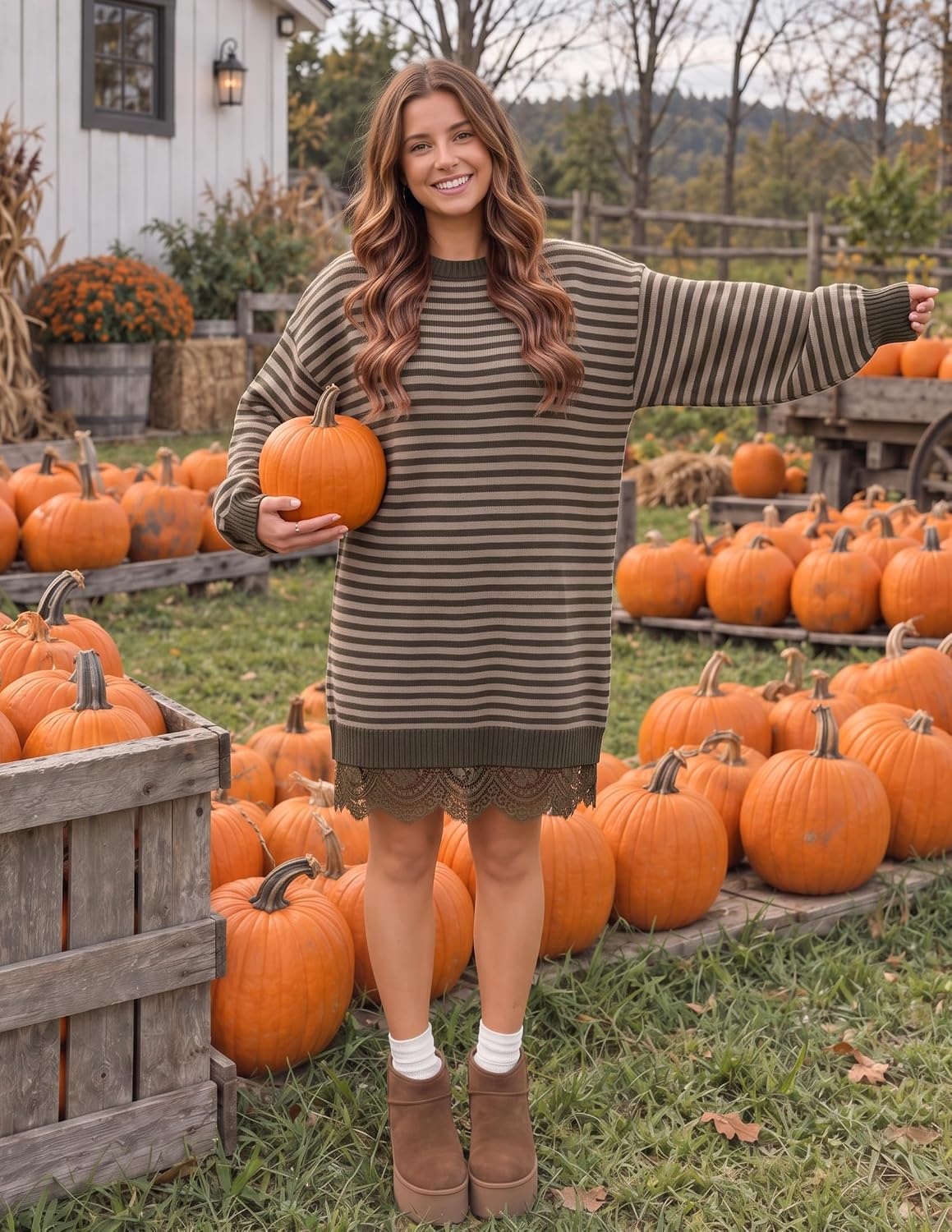 image:imageZESICA Womens Fall Striped Lace Trim Oversized Knit Sweater DressStriped Coffee