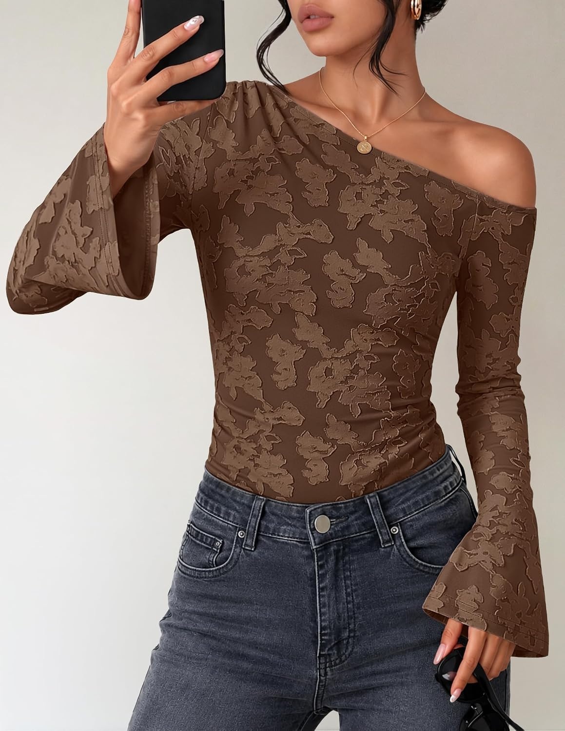 image:imageZESICA Womens Floral Off Shoulder Fall Long Sleeve Y2K Going Out Work TopsCoffee