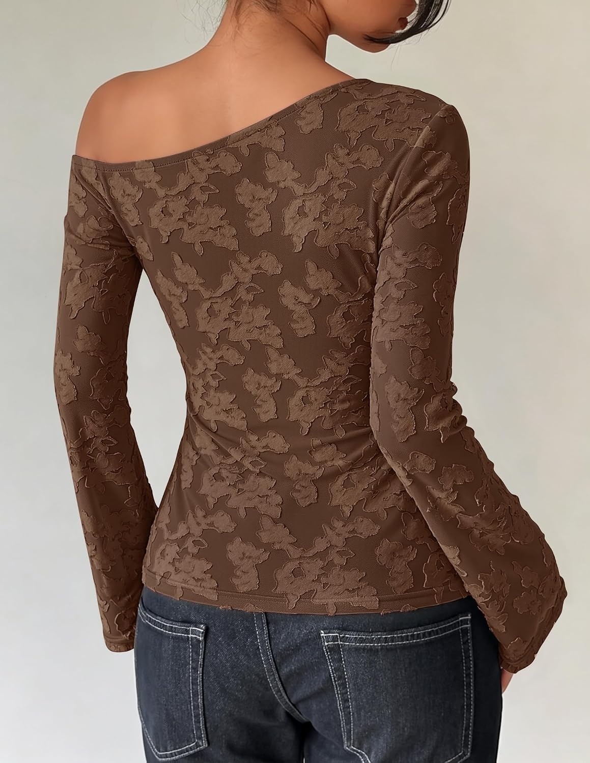 image:imageZESICA Womens Floral Off Shoulder Fall Long Sleeve Y2K Going Out Work TopsCoffee