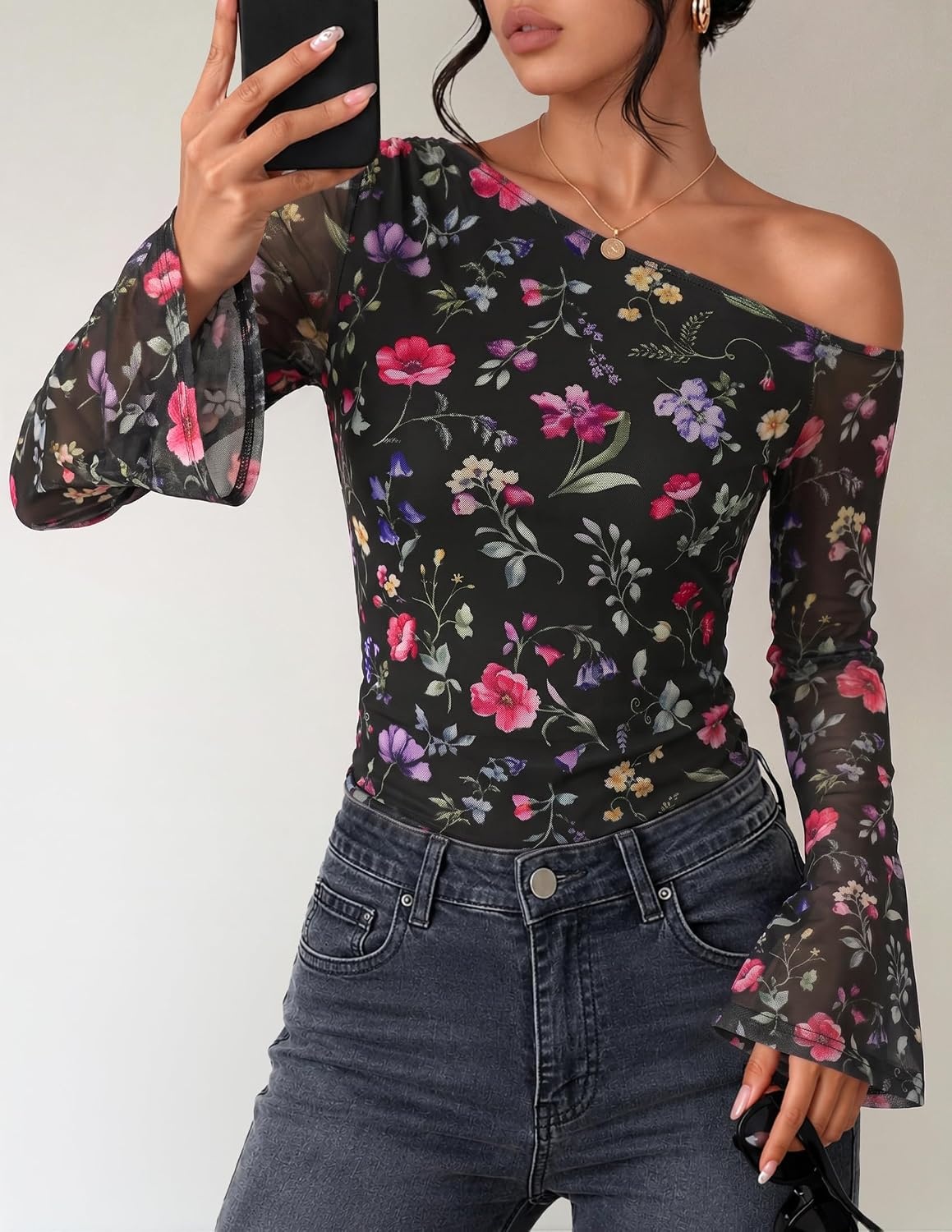 image:imageZESICA Womens Floral Off Shoulder Fall Long Sleeve Y2K Going Out Work TopsFloral Black
