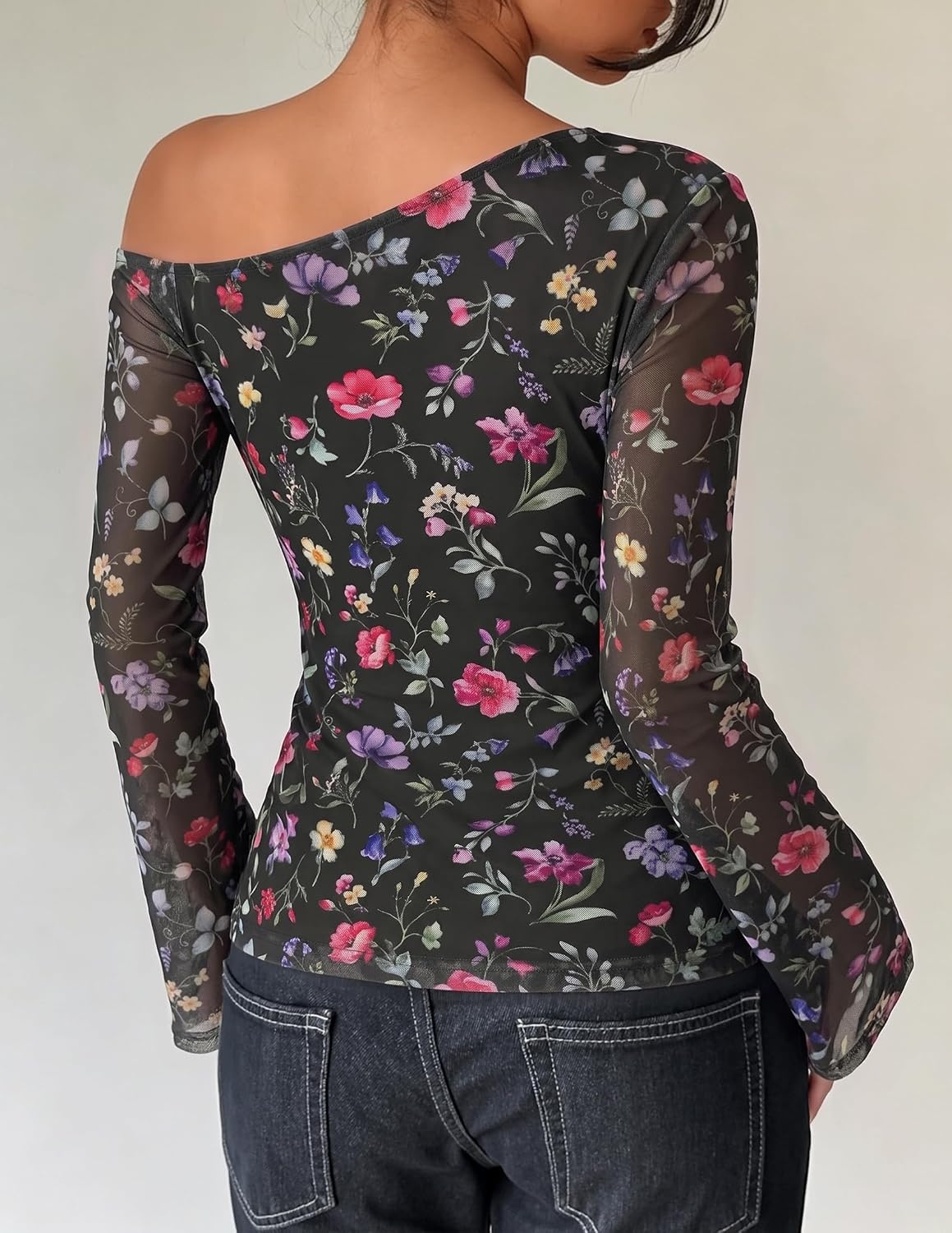 image:imageZESICA Womens Floral Off Shoulder Fall Long Sleeve Y2K Going Out Work TopsFloral Black