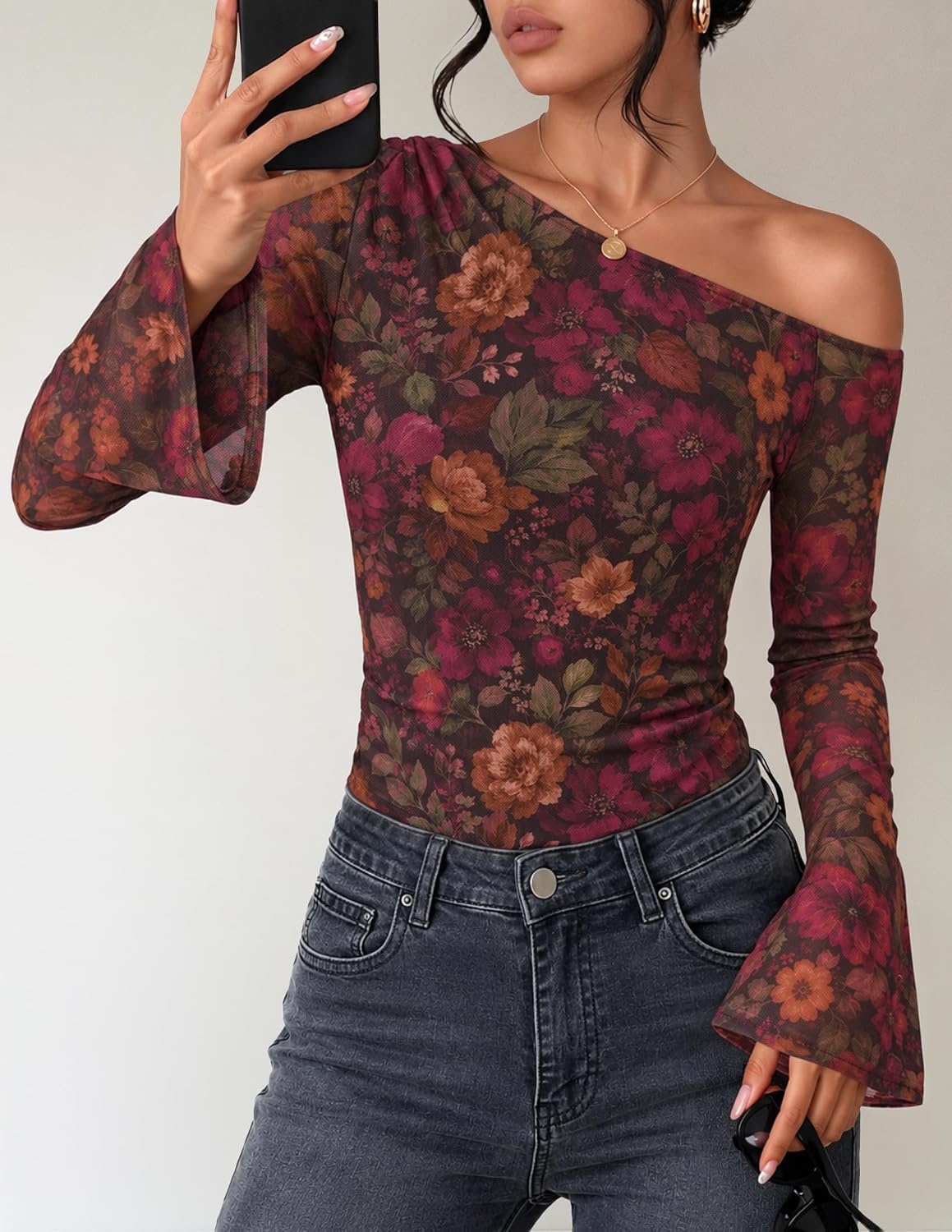 image:imageZESICA Womens Floral Off Shoulder Fall Long Sleeve Y2K Going Out Work TopsFloral Mauve