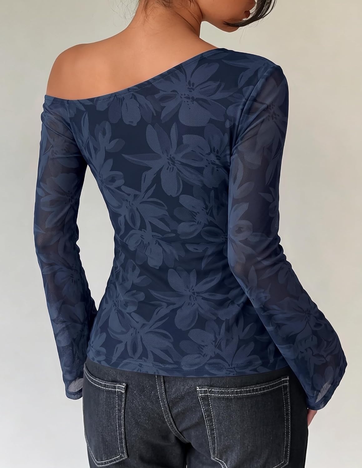image:imageZESICA Womens Floral Off Shoulder Fall Long Sleeve Y2K Going Out Work TopsFloral Navy