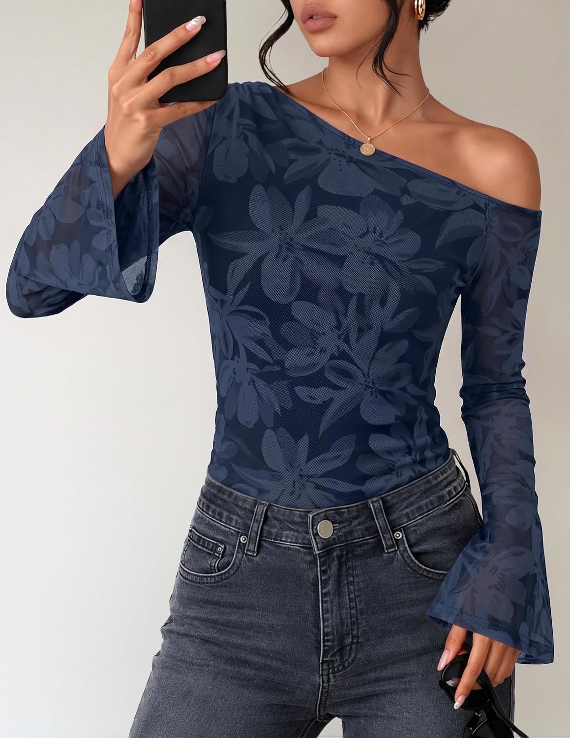 image:imageZESICA Womens Floral Off Shoulder Fall Long Sleeve Y2K Going Out Work TopsFloral Navy