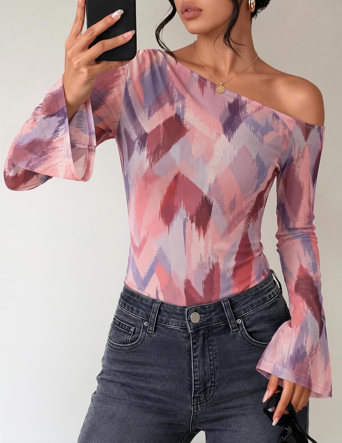 image:imageZESICA Womens Floral Off Shoulder Fall Long Sleeve Y2K Going Out Work TopsFloral Pink
