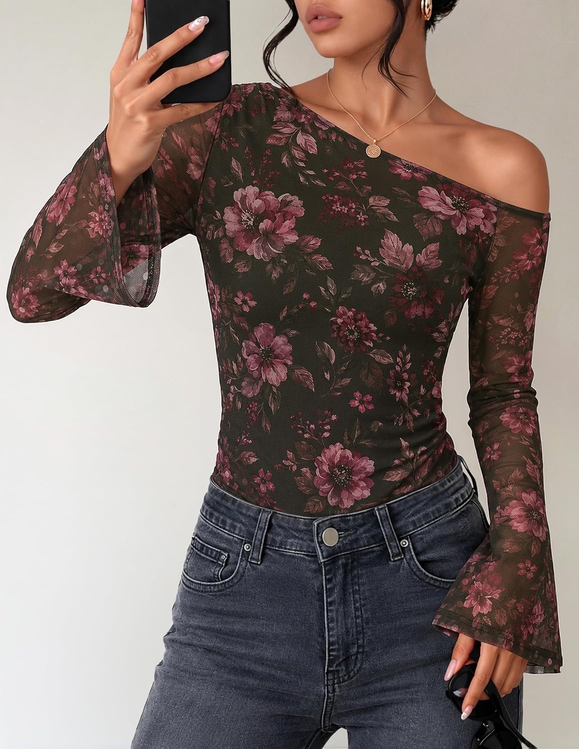 image:imageZESICA Womens Floral Off Shoulder Fall Long Sleeve Y2K Going Out Work TopsFloral Purple