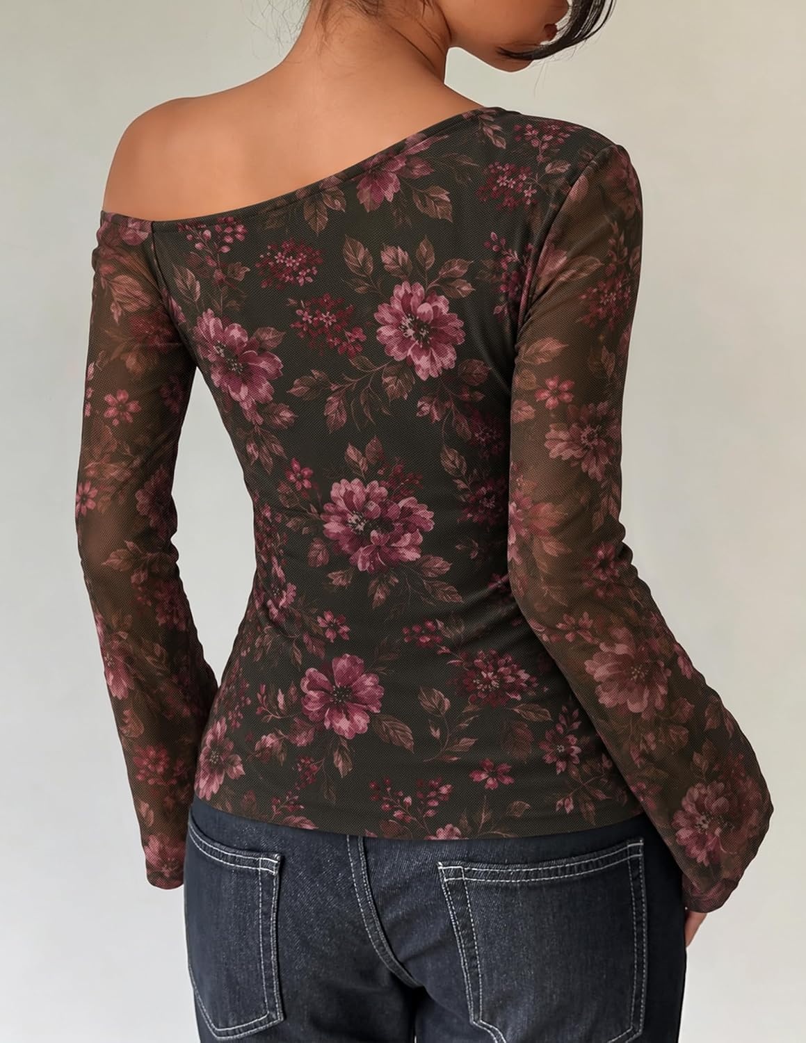 image:imageZESICA Womens Floral Off Shoulder Fall Long Sleeve Y2K Going Out Work TopsFloral Purple