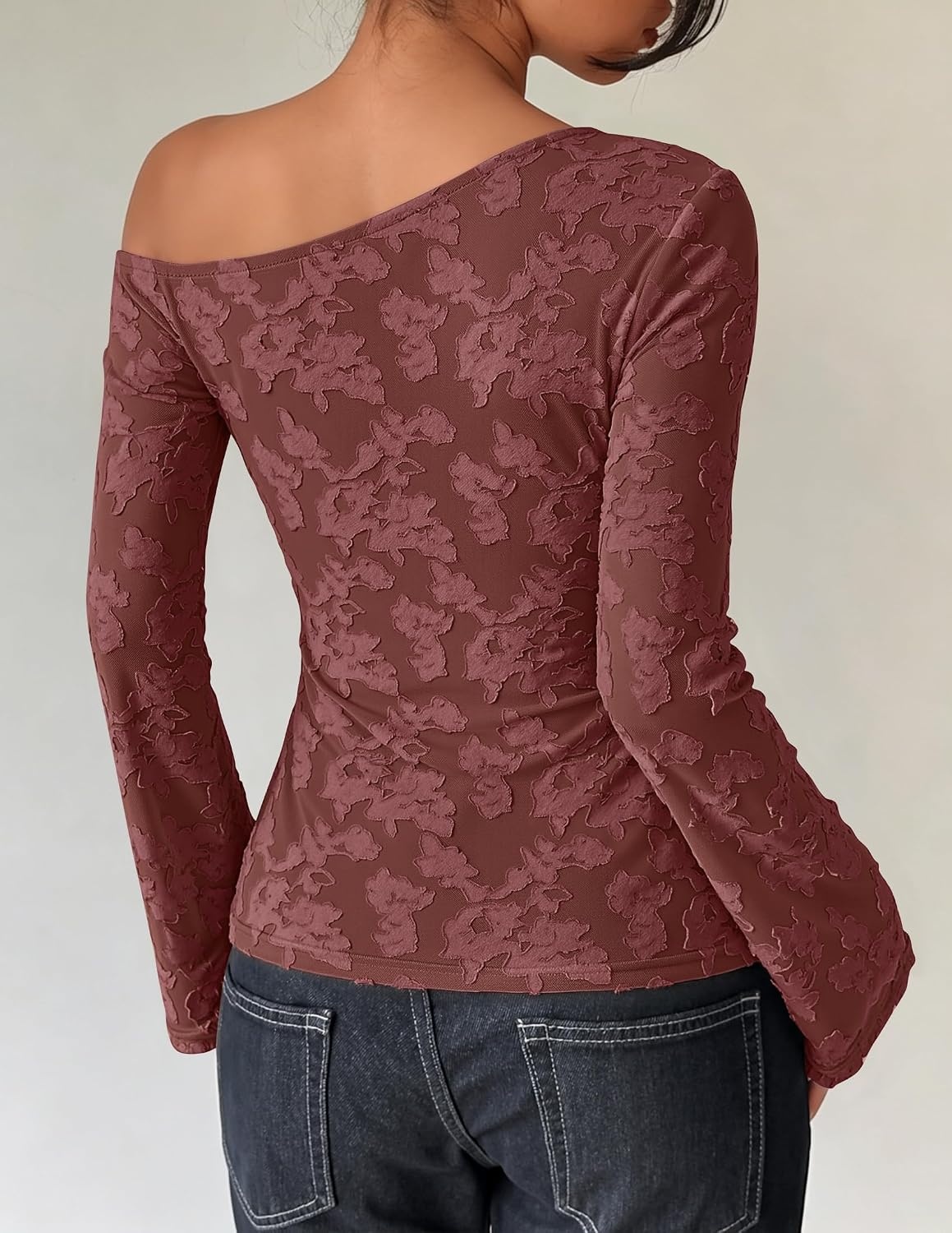 image:imageZESICA Womens Floral Off Shoulder Fall Long Sleeve Y2K Going Out Work TopsWine