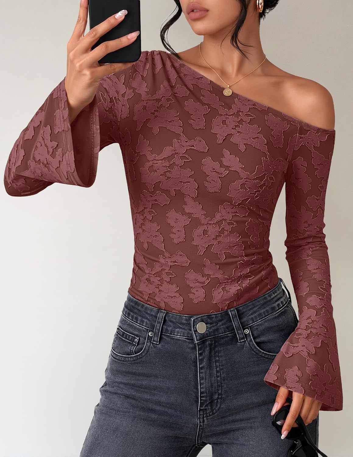 image:imageZESICA Womens Floral Off Shoulder Fall Long Sleeve Y2K Going Out Work TopsWine