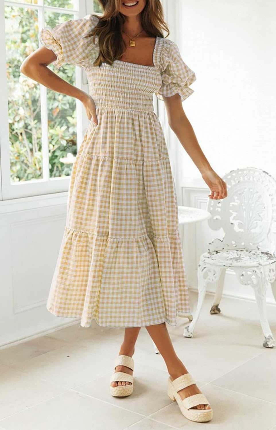 image:imageZESICA Womens Summer Boho Gingham Puff Sleeve Square Neck Beach Midi DressBeige