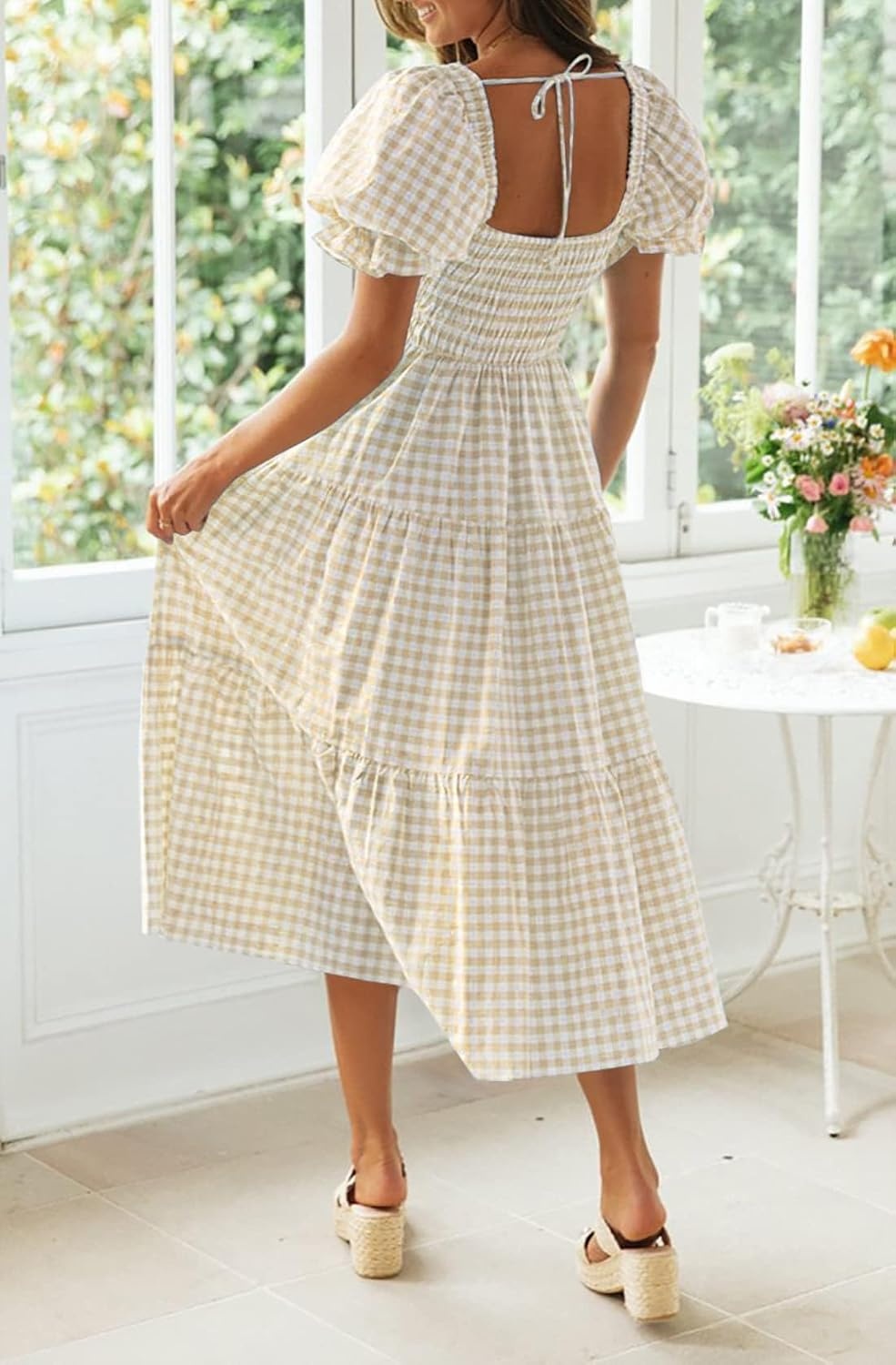 image:imageZESICA Womens Summer Boho Gingham Puff Sleeve Square Neck Beach Midi DressBeige