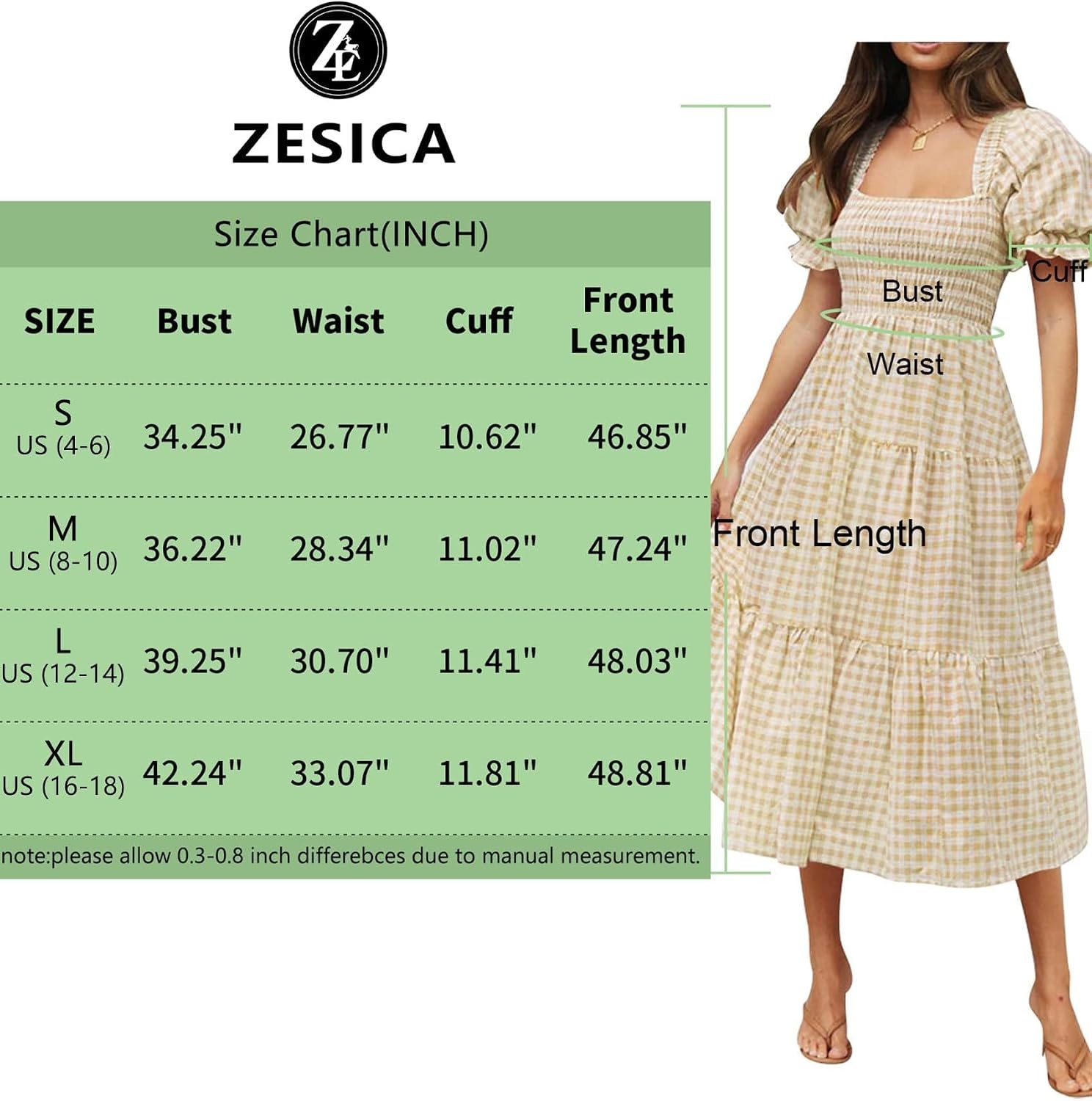 image:imageZESICA Womens Summer Boho Gingham Puff Sleeve Square Neck Beach Midi DressBeige