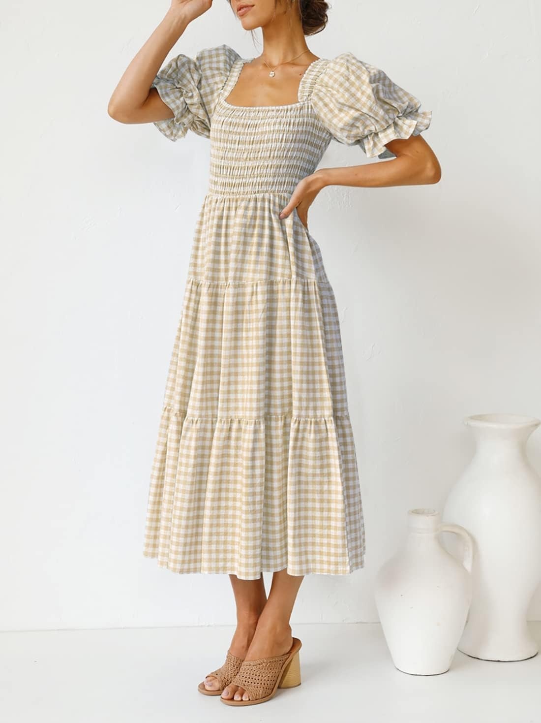 image:imageZESICA Womens Summer Boho Gingham Puff Sleeve Square Neck Beach Midi DressBeige