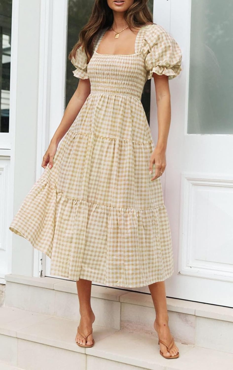 image:imageZESICA Womens Summer Boho Gingham Puff Sleeve Square Neck Beach Midi DressBeige