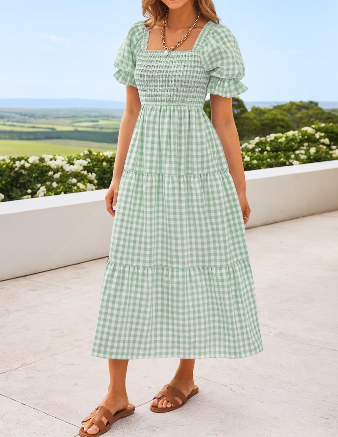 image:imageZESICA Womens Summer Boho Gingham Puff Sleeve Square Neck Beach Midi DressGreen