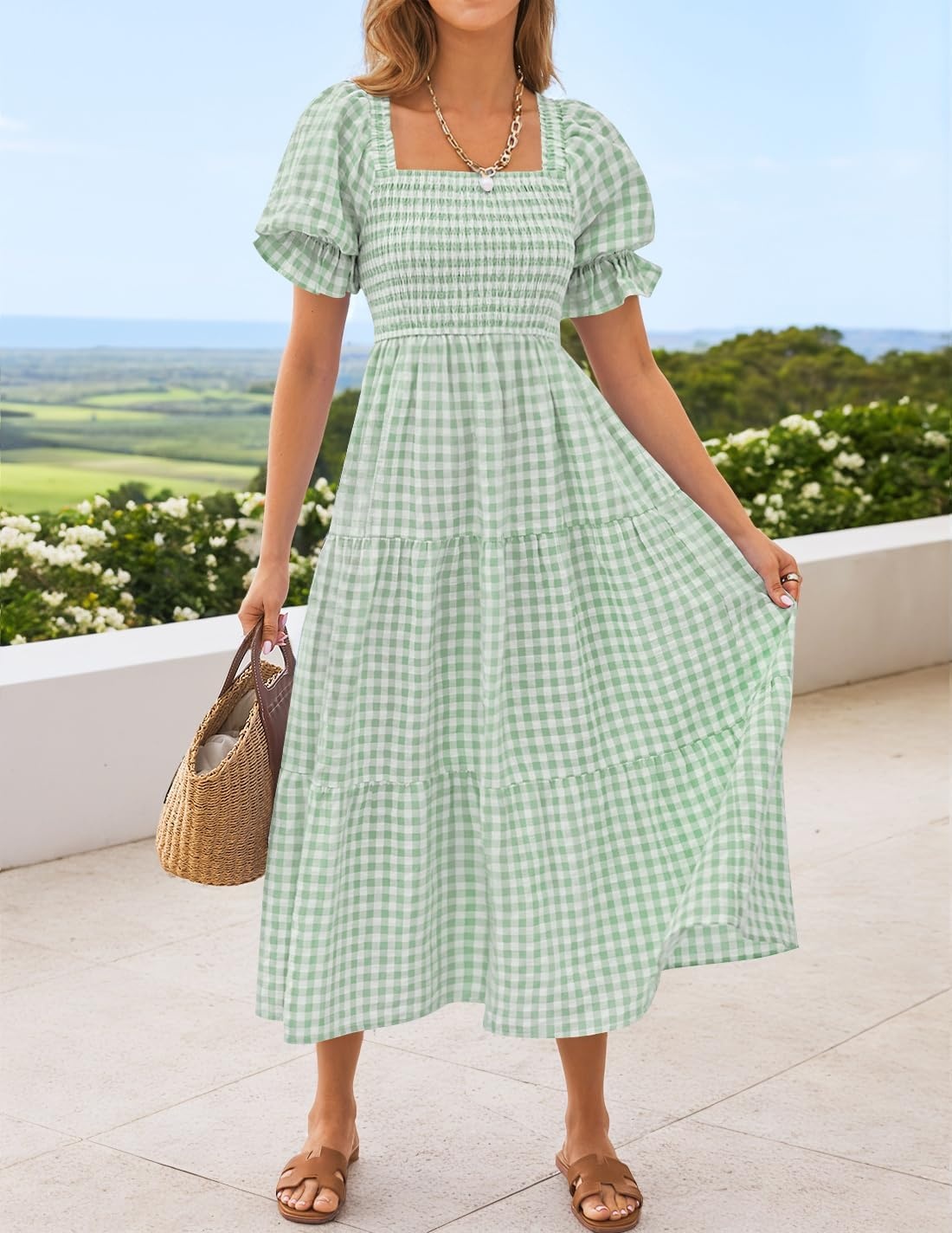 image:imageZESICA Womens Summer Boho Gingham Puff Sleeve Square Neck Beach Midi DressGreen