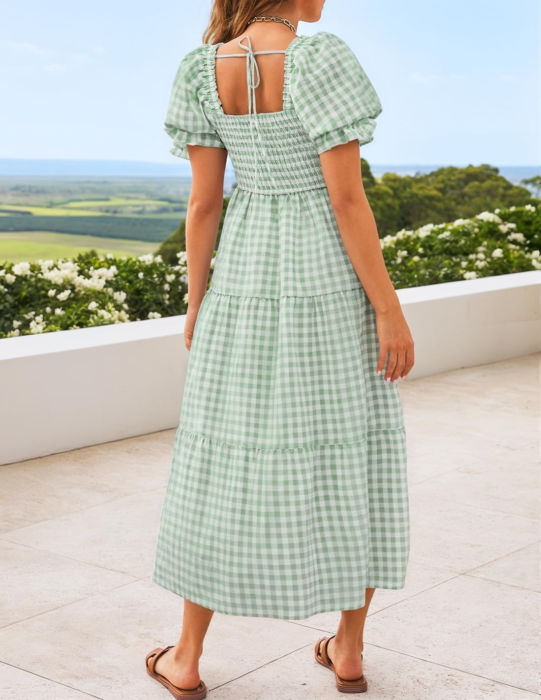 image:imageZESICA Womens Summer Boho Gingham Puff Sleeve Square Neck Beach Midi DressGreen