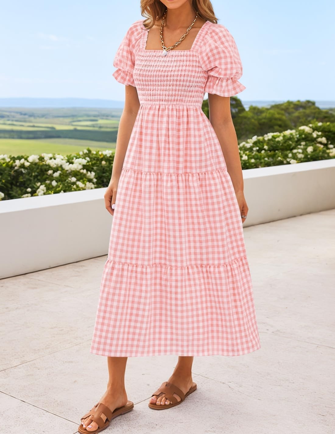 image:imageZESICA Womens Summer Boho Gingham Puff Sleeve Square Neck Beach Midi DressPink