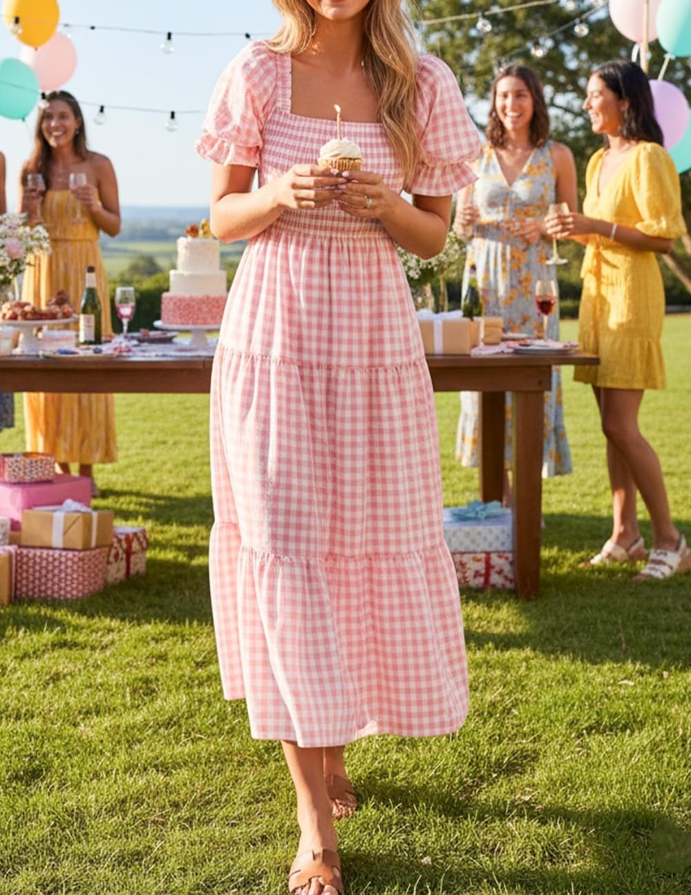 image:imageZESICA Womens Summer Boho Gingham Puff Sleeve Square Neck Beach Midi DressPink