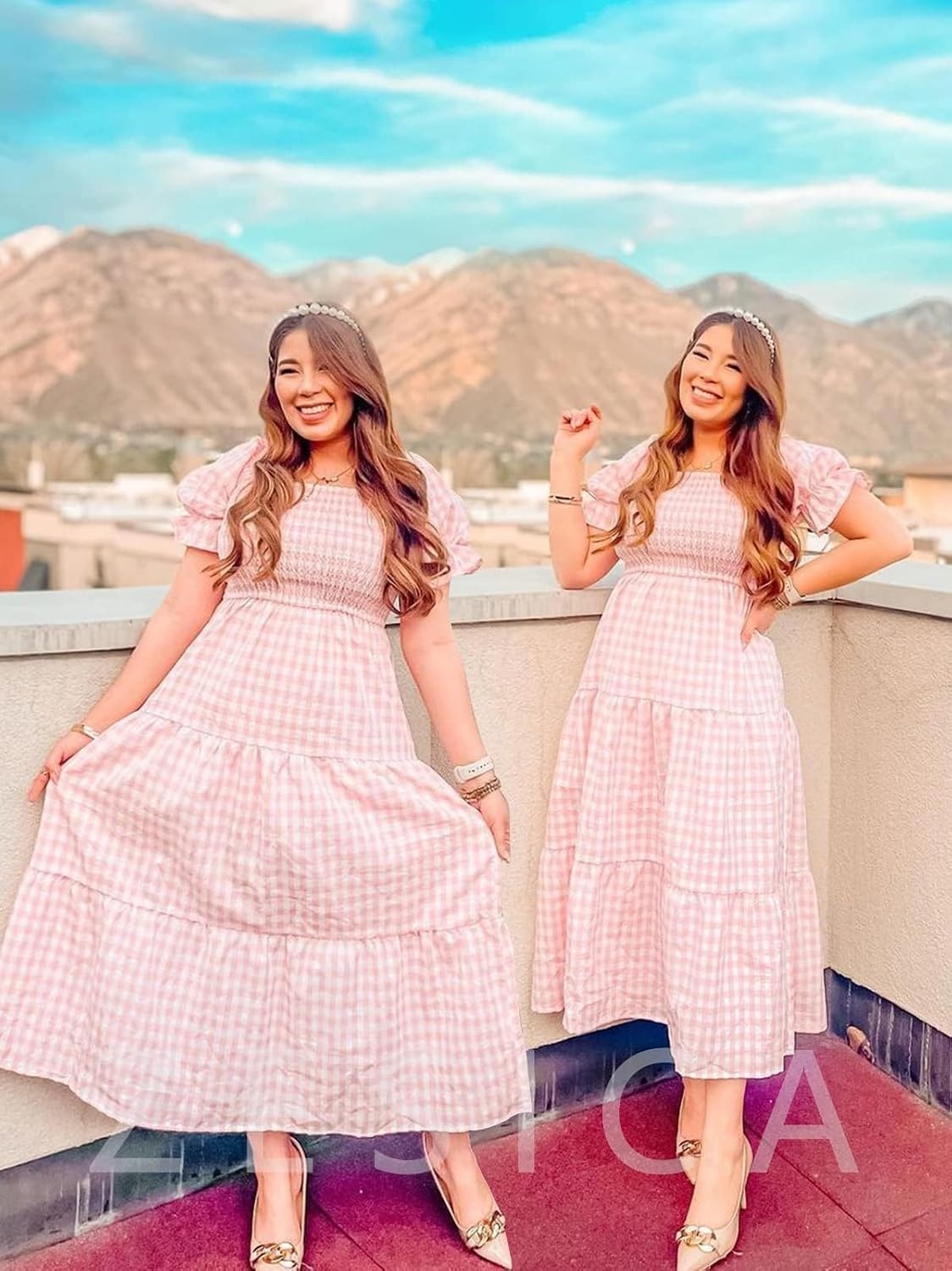 image:imageZESICA Womens Summer Boho Gingham Puff Sleeve Square Neck Beach Midi DressPink