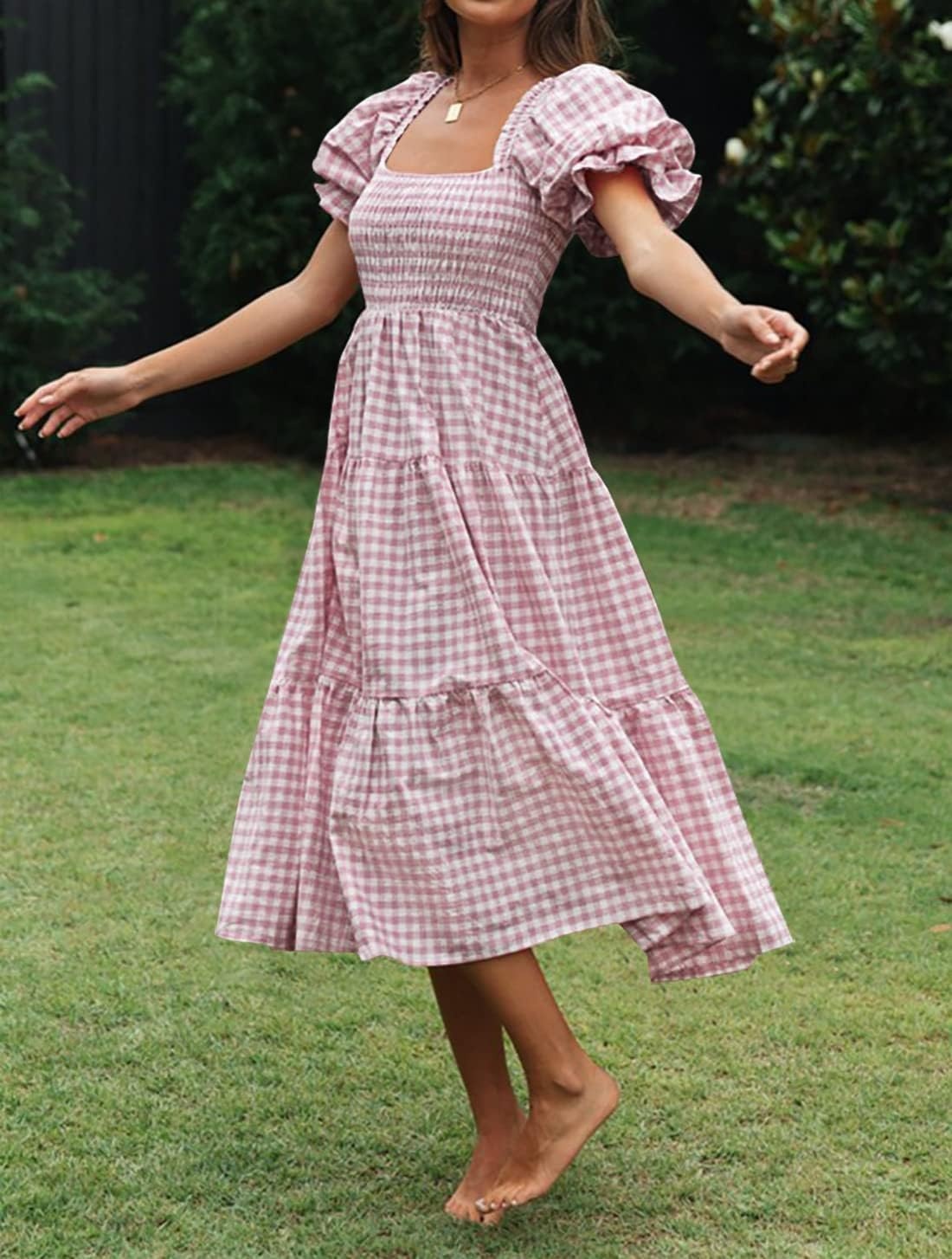 image:imageZESICA Womens Summer Boho Gingham Puff Sleeve Square Neck Beach Midi DressTaro
