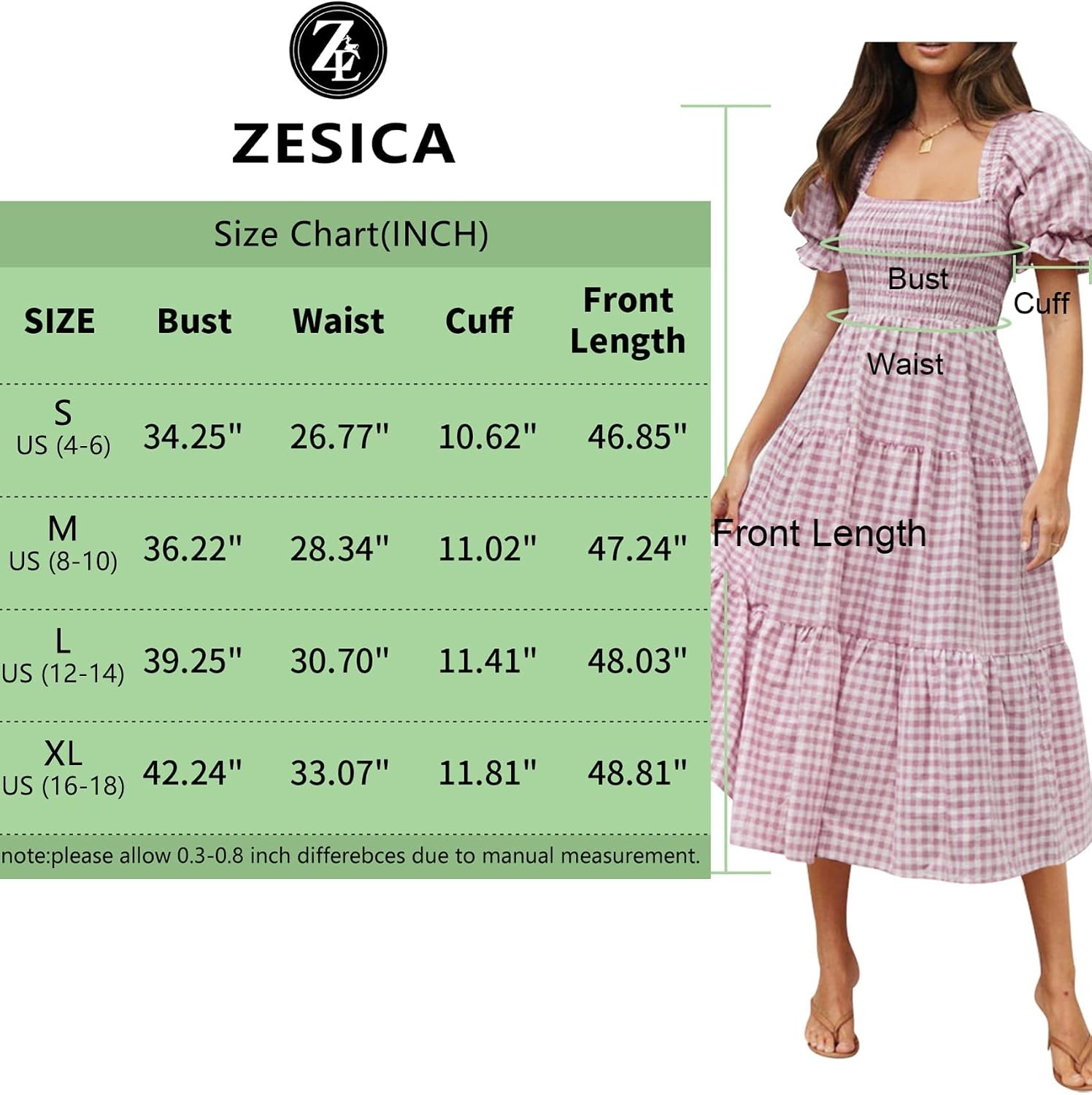 image:imageZESICA Womens Summer Boho Gingham Puff Sleeve Square Neck Beach Midi DressTaro