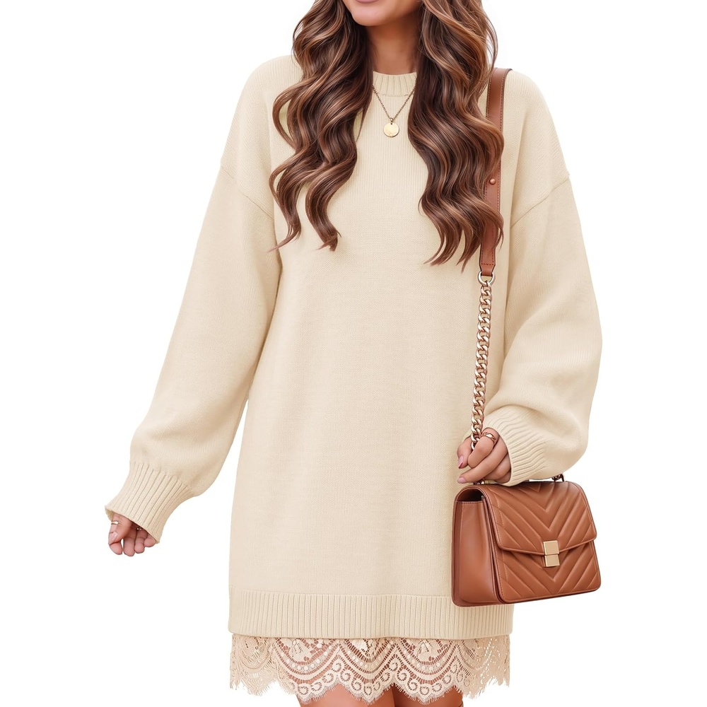 image:imageZESICA Womens Fall Striped Lace Trim Oversized Knit Sweater DressApricot
