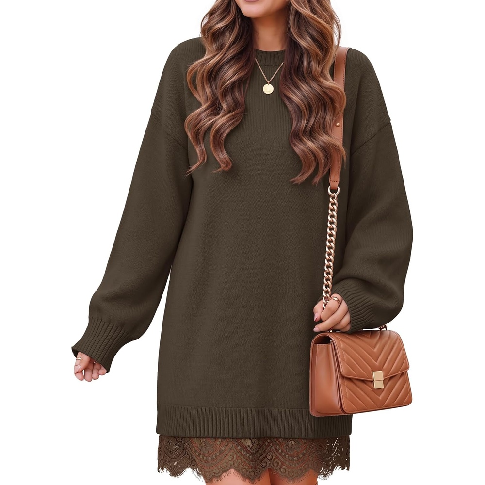 image:imageZESICA Womens Fall Striped Lace Trim Oversized Knit Sweater DressBrown