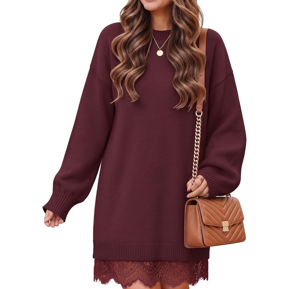 image:imageZESICA Womens Fall Striped Lace Trim Oversized Knit Sweater DressBurgundy