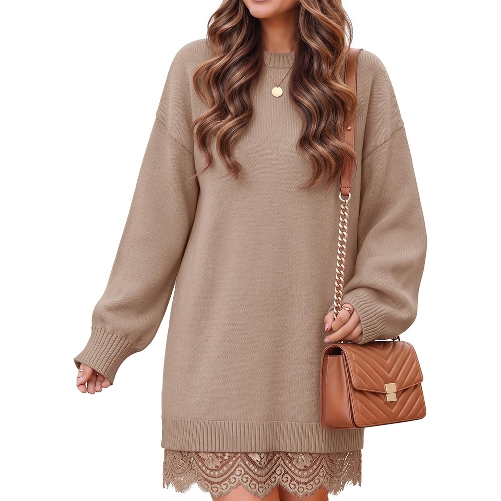image:imageZESICA Womens Fall Striped Lace Trim Oversized Knit Sweater DressCamel