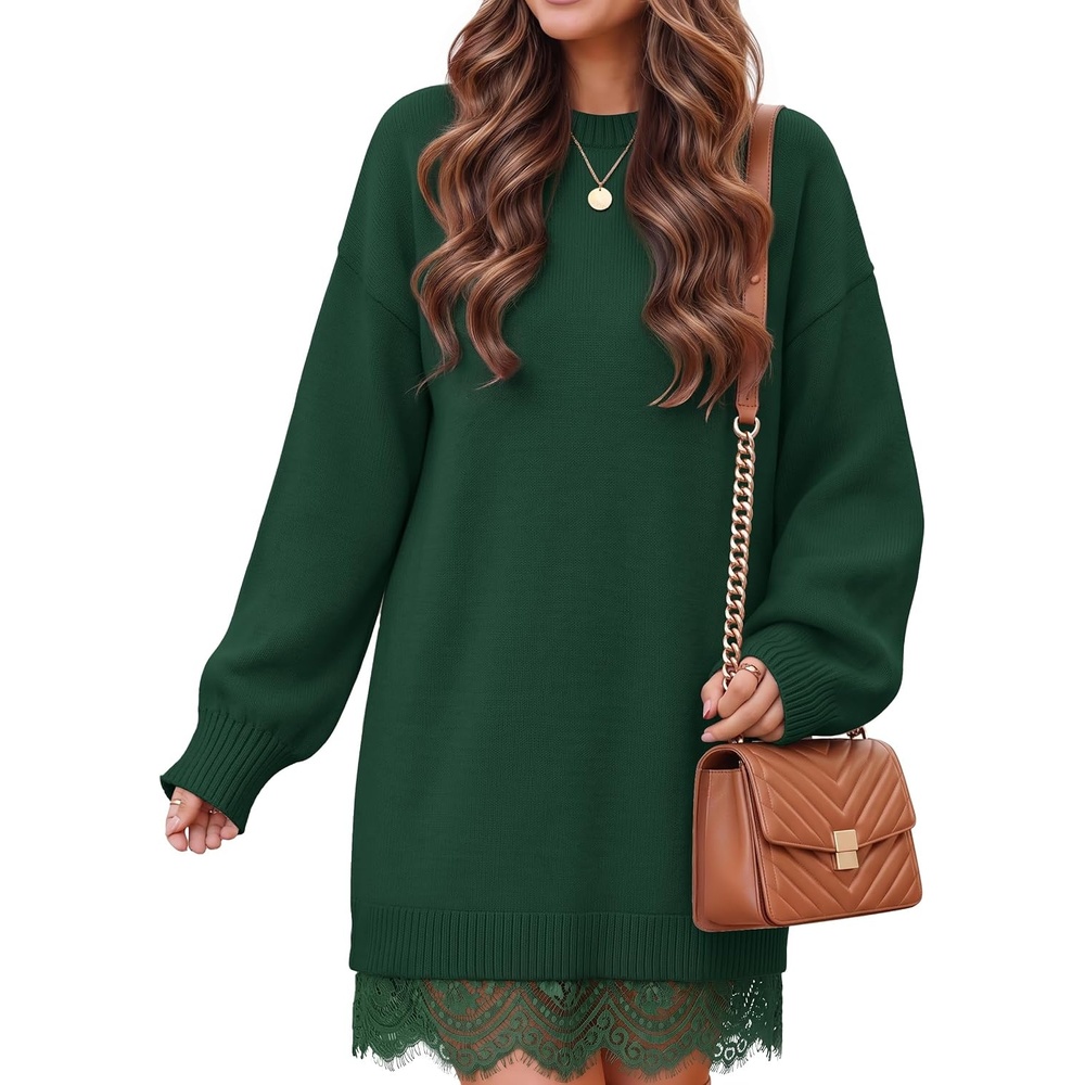 image:imageZESICA Womens Fall Striped Lace Trim Oversized Knit Sweater DressDark Green