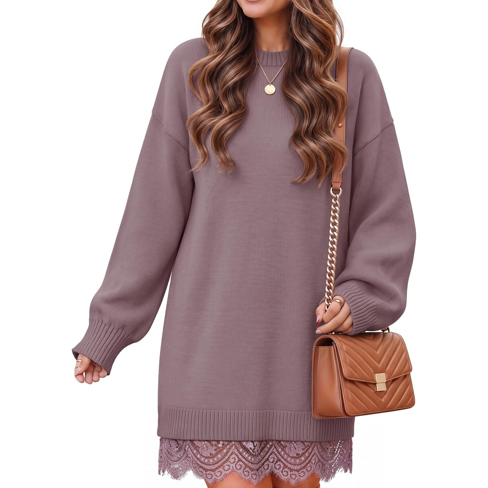 image:imageZESICA Womens Fall Striped Lace Trim Oversized Knit Sweater DressPurple