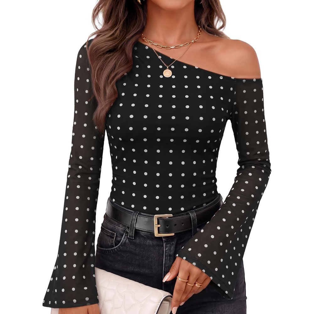 image:imageZESICA Womens Floral Off Shoulder Fall Long Sleeve Y2K Going Out Work TopsBlack Polka Dot