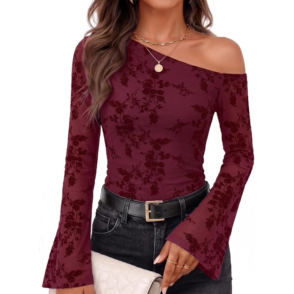 image:imageZESICA Womens Floral Off Shoulder Fall Long Sleeve Y2K Going Out Work TopsDark Red
