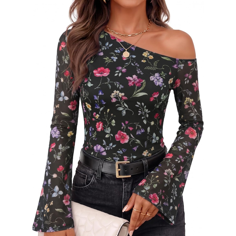 image:imageZESICA Womens Floral Off Shoulder Fall Long Sleeve Y2K Going Out Work TopsFloral Black