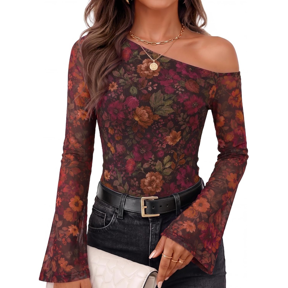image:imageZESICA Womens Floral Off Shoulder Fall Long Sleeve Y2K Going Out Work TopsFloral Mauve