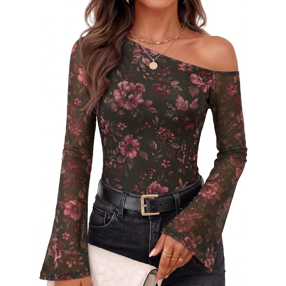 image:imageZESICA Womens Floral Off Shoulder Fall Long Sleeve Y2K Going Out Work TopsFloral Purple