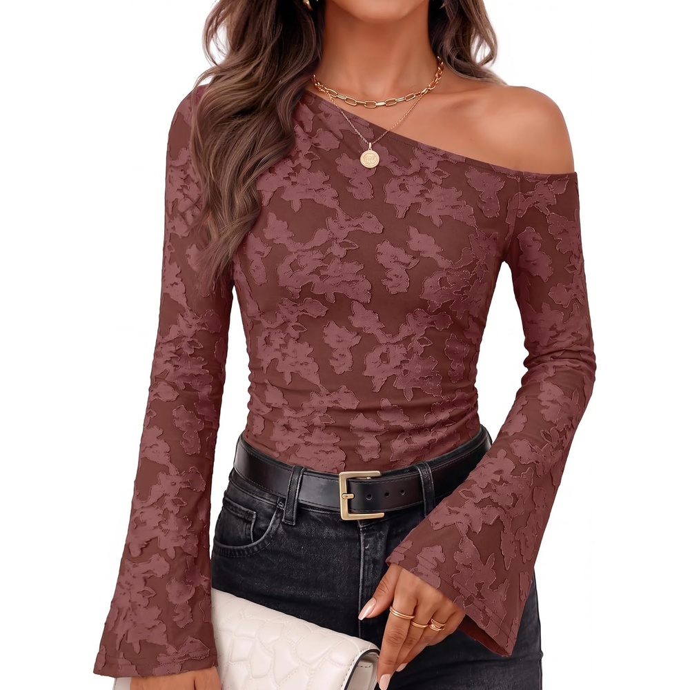 image:imageZESICA Womens Floral Off Shoulder Fall Long Sleeve Y2K Going Out Work TopsWine