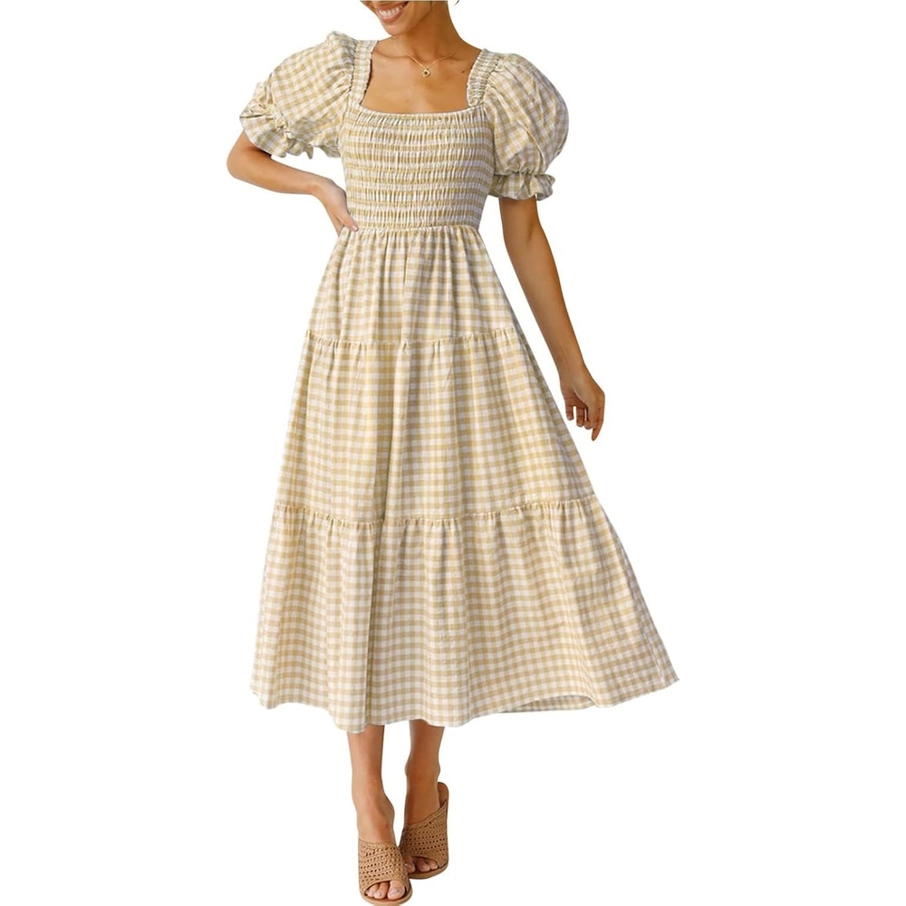image:imageZESICA Womens Summer Boho Gingham Puff Sleeve Square Neck Beach Midi DressBeige